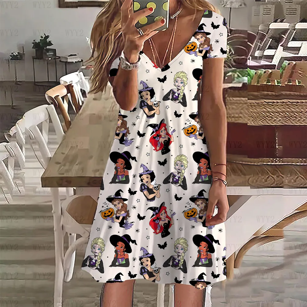 New Disney Halloween V-neck dress summer 2025 printed dress ladies elegant loose sports short-sleeved beach dress