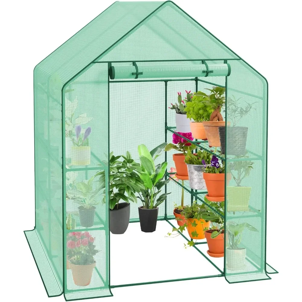 

Mini Walk-in Greenhouse 2-Tier 8 Shelves Plant Flower Tent Lawn Patio Garden Plant Shelf Green House w/PE Cover and Zipper Door