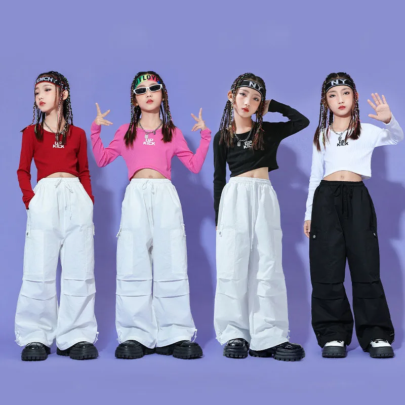 

Kid Cool Hip Hop Clothing White Long Sleeve T Shirt Crop Top Black Casual Cargo Baggy Pants for Girl Jazz Dance Costumes Clothes