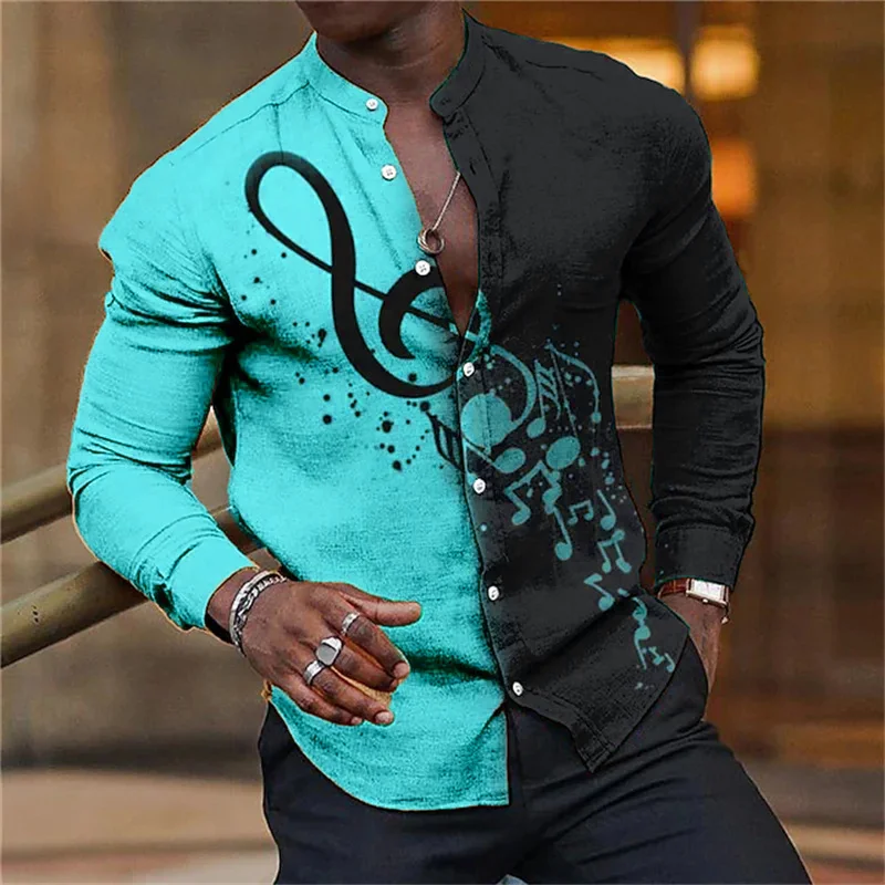 Luxury Music Festival Men\'s Colorblock Music Shirt 3D Printing Two-tone Style Long Sleeve 15 Color Party Stand Collar Shirt 2024