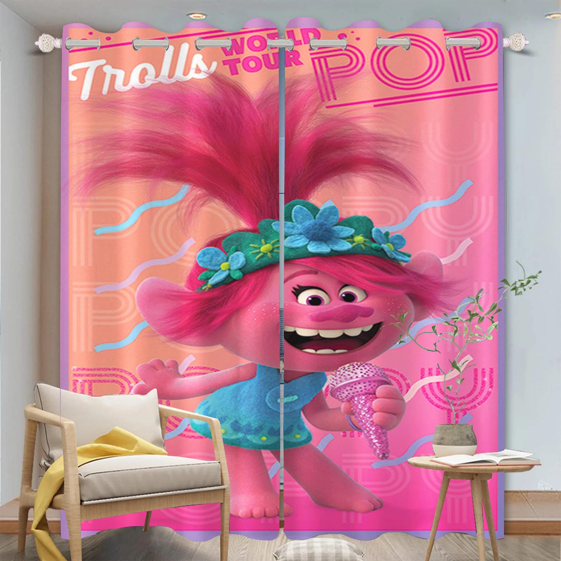 Cartoon Trolls Elf Polyester Curtain, Home Blackout, Pink Animated, Suitable for Cute Girls Bedroom, Kids Gifts, Room Decoration