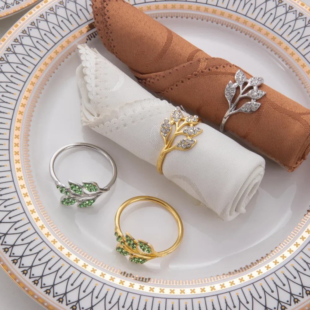 6-48PC Point diamond napkin ring new napkin buckle green leaves napkin ring high-grade metal ring hotel table banquet decoration