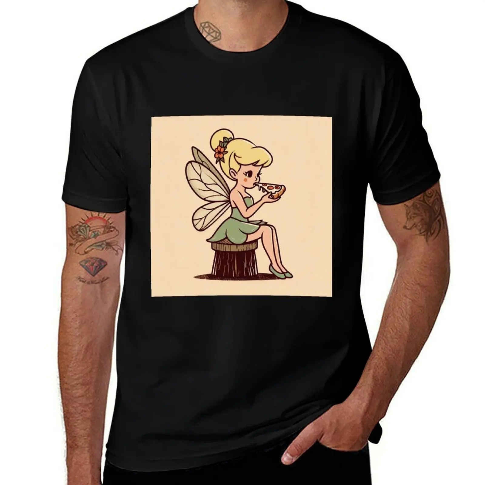 Adorable fairy eating a delicious pizza in vintage style T-Shirt All Weather Casual Short Sleeve T-Shirt