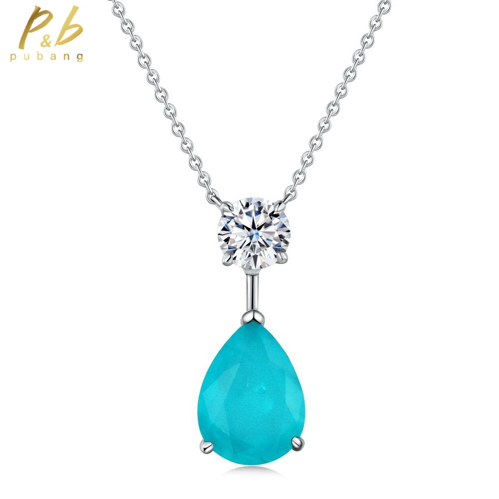 

PuBang Fine Jewelry 100% 925 Sterling Silver Paraiba Created Moissanite Pendant Necklace for Women Engagement Gift Free Shipping