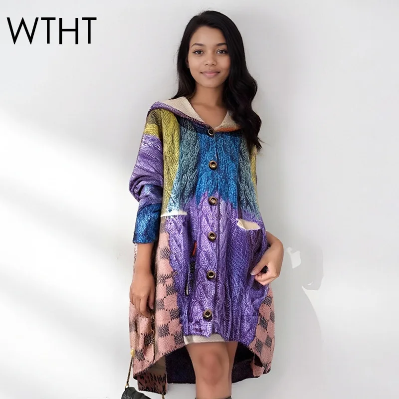 

WTHT New Trendy Women's Contrast Color Hooded Knit Cardigan 2025 Autumn Fashion Long Sleeves Loose Sweater Female 1LS2455