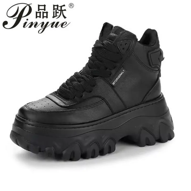 8cm Women Sneakers New Fall Winter Platform Genuine Leather White Boots Height Increasing Women's  Casual boots 34 41