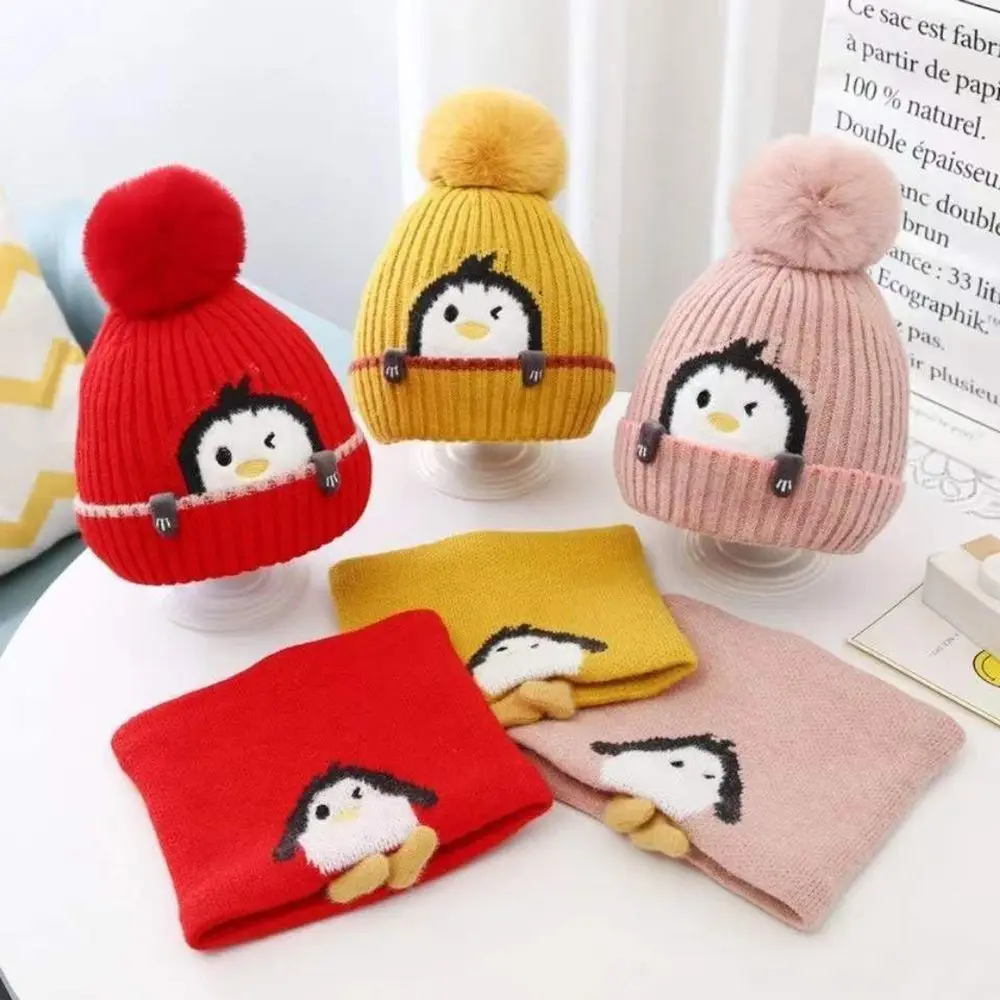 Cold proof Outdoor Baby Accessories Windproof Kids Knitted Hat Baby Hat Scarf Suits Baby Fur Pompoms Bonnet Children Warm cap