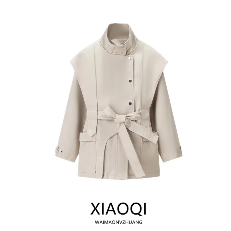 

2025 Autumn Winter New Sle Women's Design Sense Pure Color Waist-Cinching Belted Commuter Coat Long Sve Stand Collar