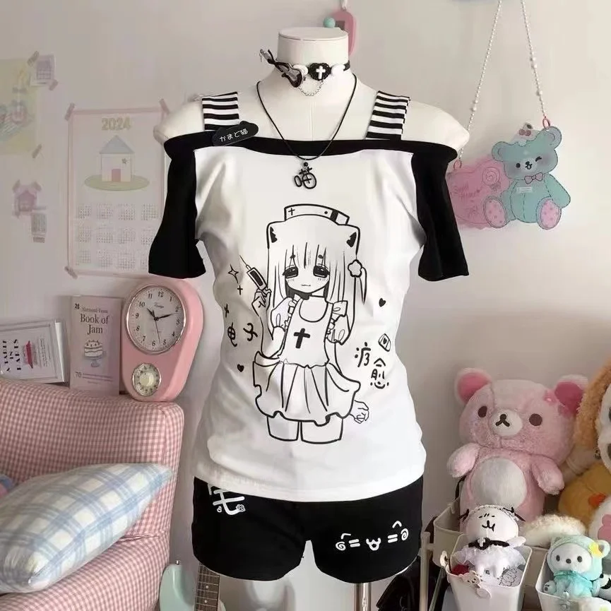 Summer Japanese Kawaii Cat Print Off Shoulder T-Shirt Women casual Slim Otaku Style Cute Hot Girl Waist Cinching Y2K Tops New