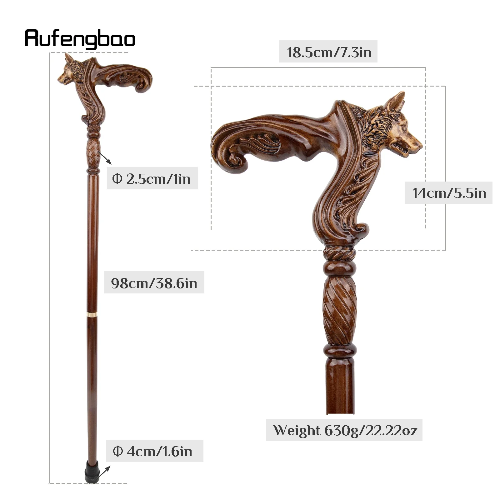 Wolf tongkat berjalan kayu coklat, hiasan vampir, tongkat berjalan cosplay kayu Halloween Mace Wand Crosier 93cm