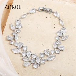 ZAKOL Fashion White Leaf Charm Bracelets for Women Shinny Cubic Zirconia Bracelet Bridal Wedding Party Jewelry BP014