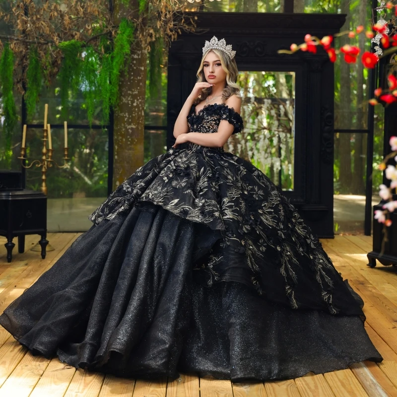 

Black Quinceanera Dresses Ball Gown Off The Shoulder Applique Flower Beading Crystal Corset Tull Party Birthday Sweet 16 Dress