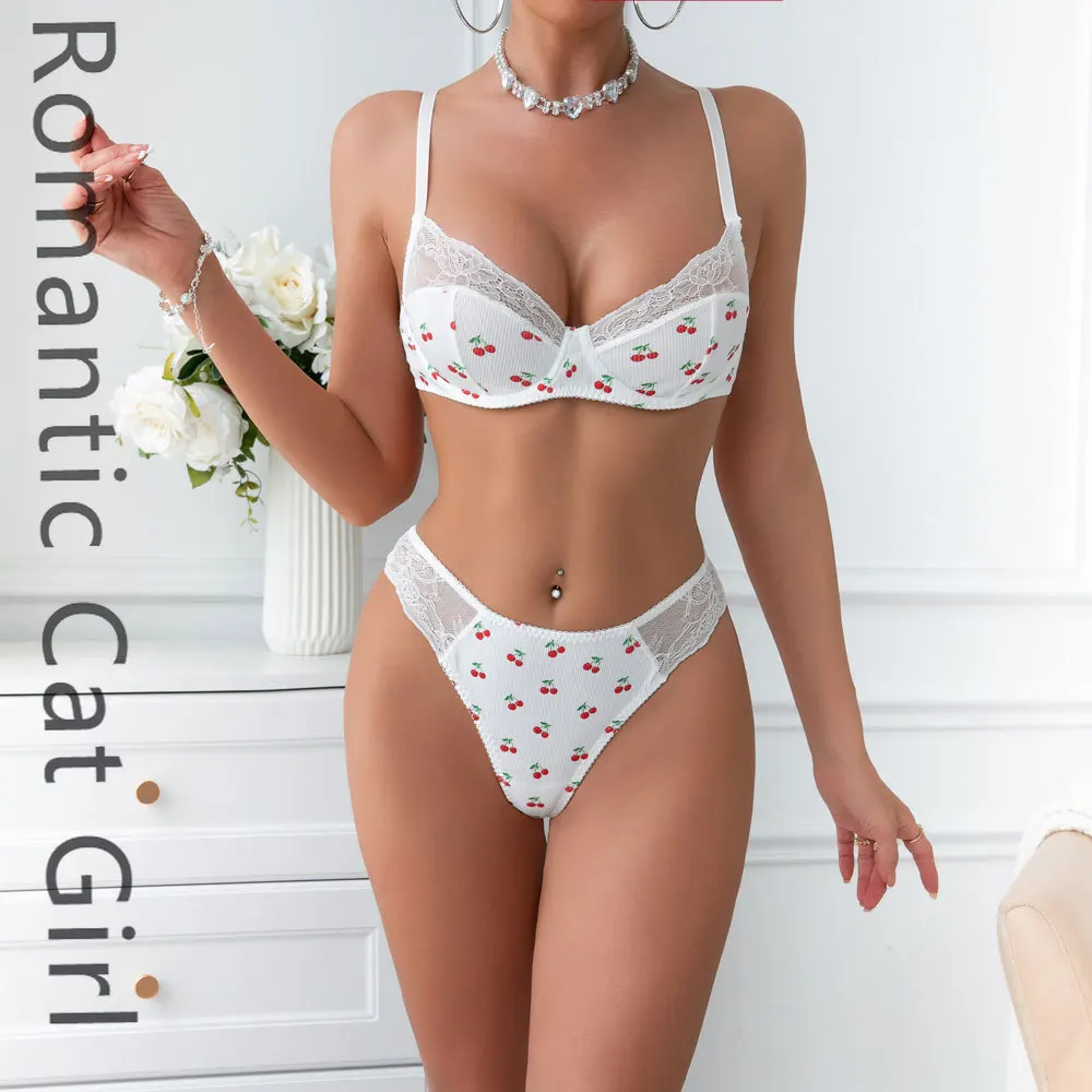 

2025 new suspender bra European and American new mesh cherry sexy underwear sexy suit 40 temptation
