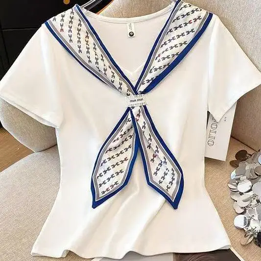 Pure Cotton Short Sleeve V-Neck Sweatshirt Women's Workwear High-End Summer Fashion Qingdao Jimo Store Flagship Store