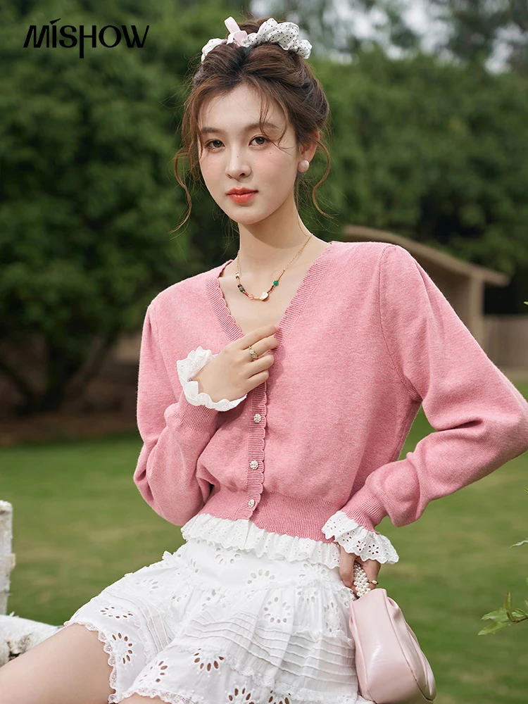 MISHOW V-neck Knitted Cardigan Mini Skirts Separately Korean Hem Lace Flare Sleeve Top Sunflower Embroidered Skirt MXD15Z0564