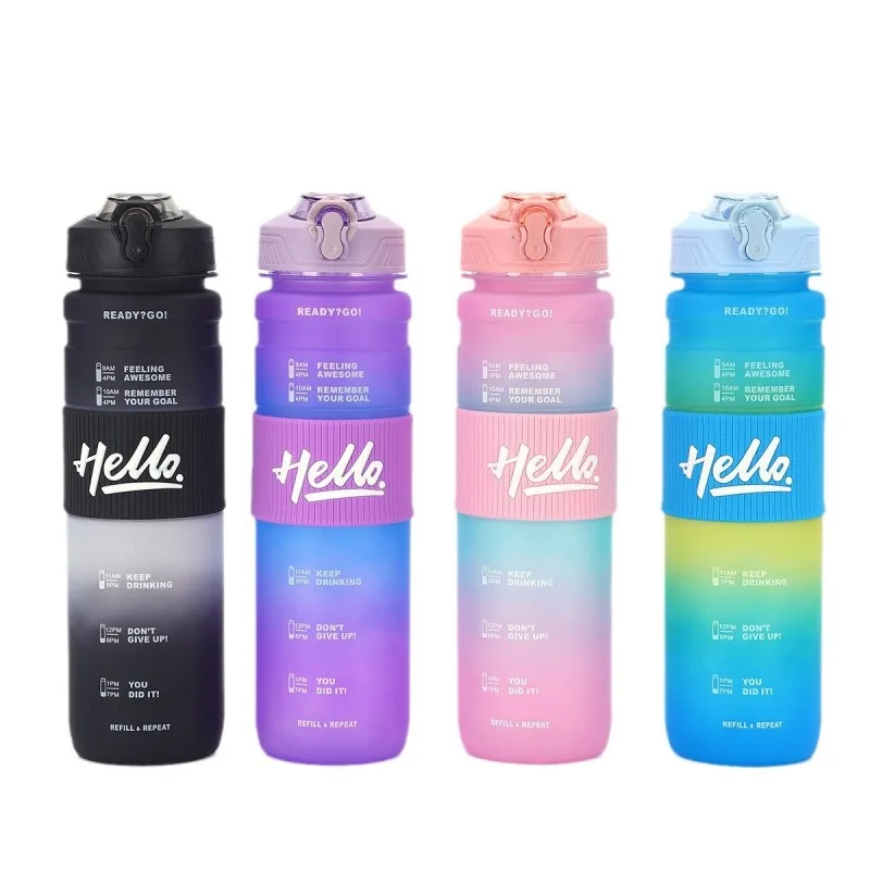 

1000ML Gradient Plastic Water Bottle With Motivation Outdoor Fitness Leakproof Sport Bottle Large Capacity Straw Drinking Bottle