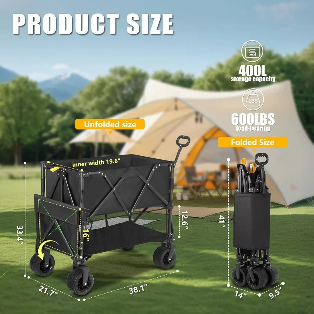 Heavy-Duty Collapsible Utility Cart with Large Wheels for Outdoor Adventures, Beach, Camping - 600LBS Capacity, 400L Storage