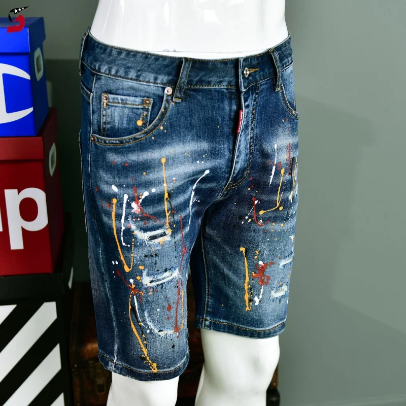 Slim Stretch Denim Pants with Vintage Graffiti Print and Ripped Patches for Men, Unique Summer Casual Knee-Length Pants for Dail