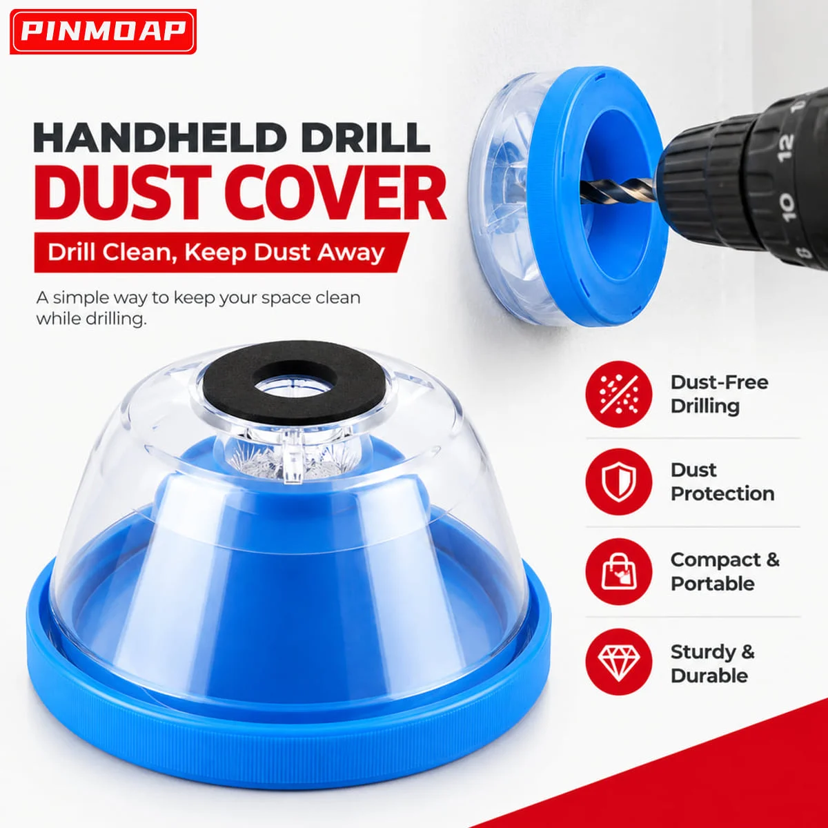 PINMOAP Handheld Drill Dust Cover Wall Drilling Dust Collector Shield Blue Dust Protection Guard for Clean Home Projects