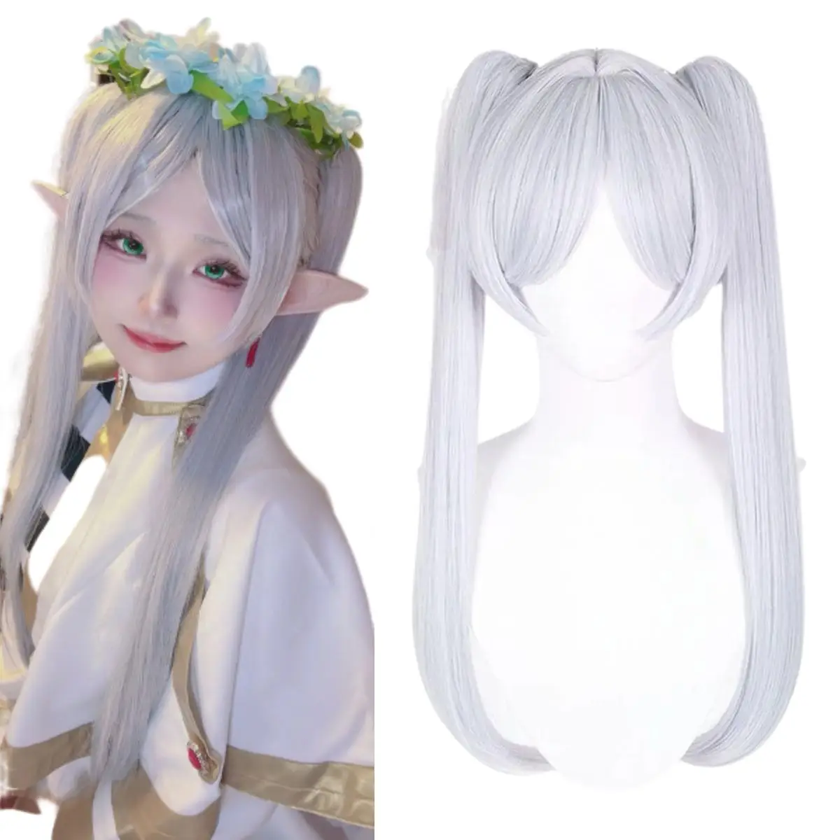 

Women's Silver-White Long Straight Hair, Fuliyan Anime Character Cosplay Synthetic Wig, Middle-Parted Bangs with Double Ponytails, Suitable for Stage, Role-Playing, Parties