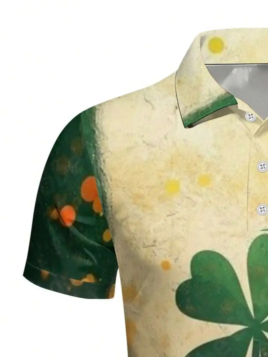 

Mens Printed Shirt With Four-Leaf Clover Pattern For Spring Summer Casual Wear