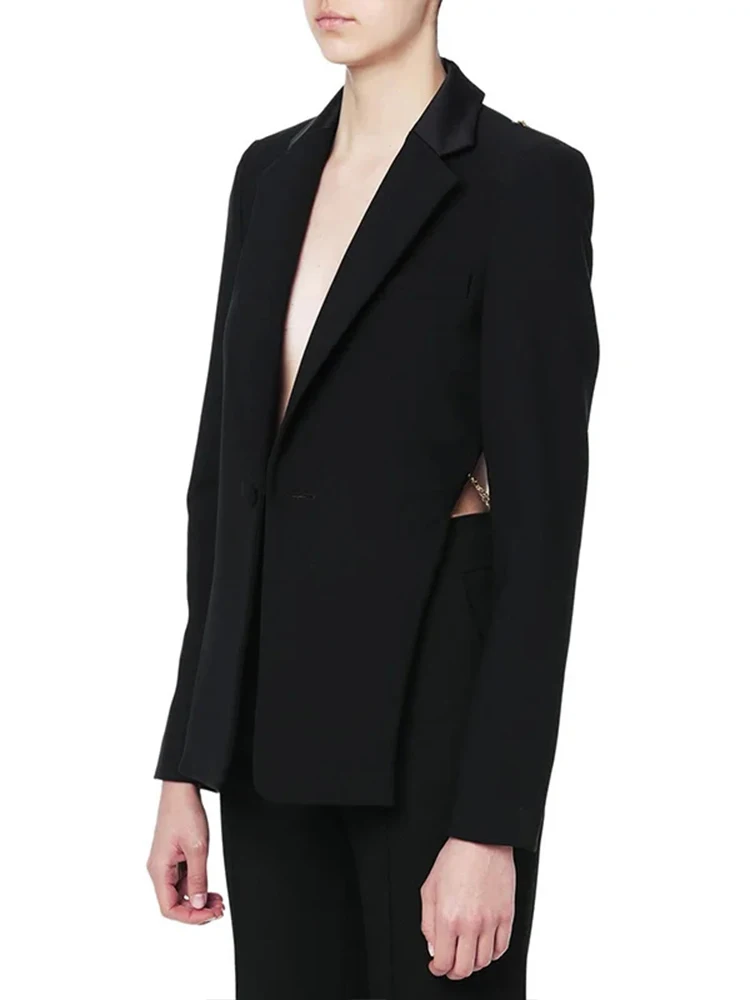 TWOTWurea YLE-Blazer en Patchwork Sexy pour Femme, Couleur Unie, Col Cranté, Manches sulf, Dos aux, Bouton Épissé, Femme