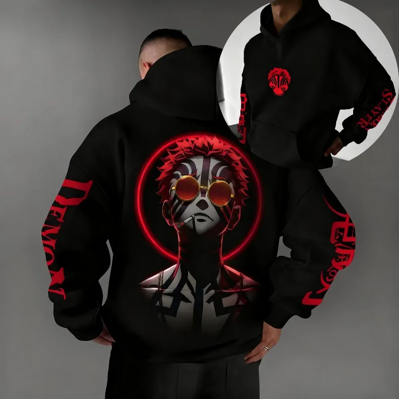 2025 outono inverno hoodies masculinos anime japonês demon slayer akaza gráficos roupas oversized 100% algodão topos y2k streetwear