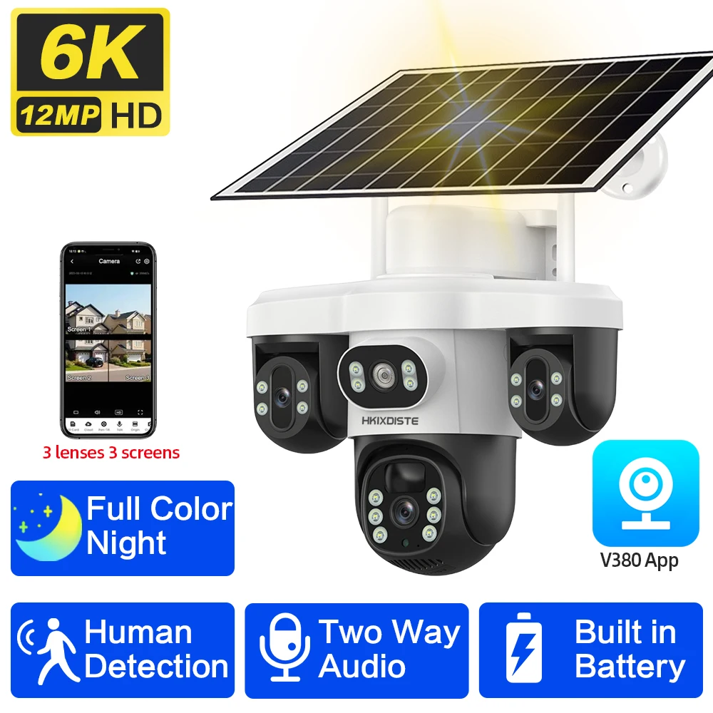 

12MP 4G Sim Card Three Lens PTZ Solar Security Camera Three Screens PIR Detection Outdoor Wireless CCTV Surveillance IP Camera