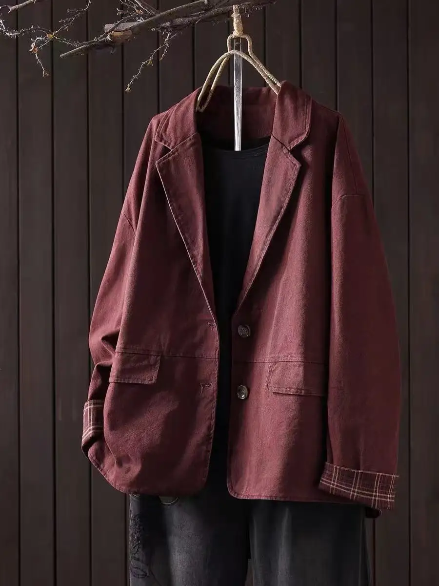 SuperAen Retro Suit Jacket 2026 Spring and Autumn New Simple Korean Style Notched Plaid Pattern Long-sleeved Loose Casual Coats