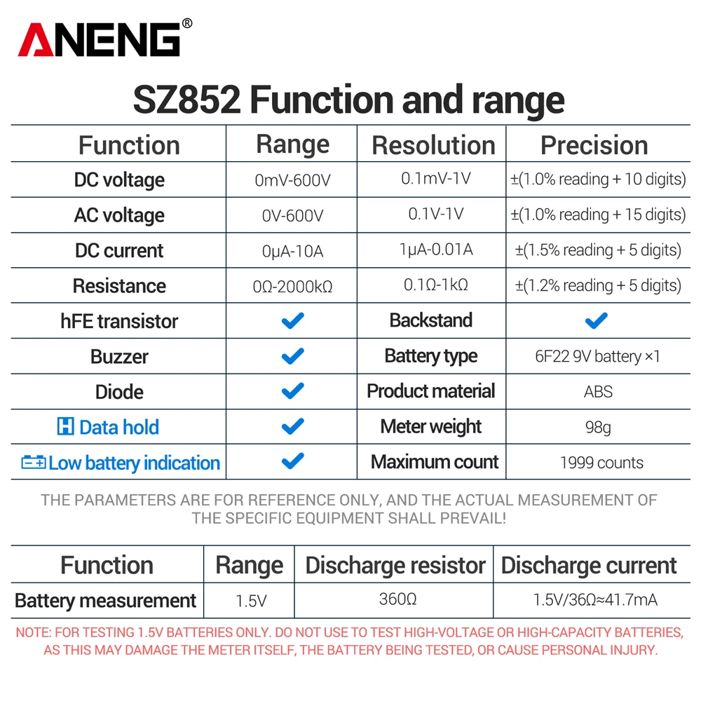 ANENG SZ852 Professional Digital Multimeter 1999 Counts AC/DC Voltage Ammeter Buzzer 1.5V Battery Measurement Data Hold Detector