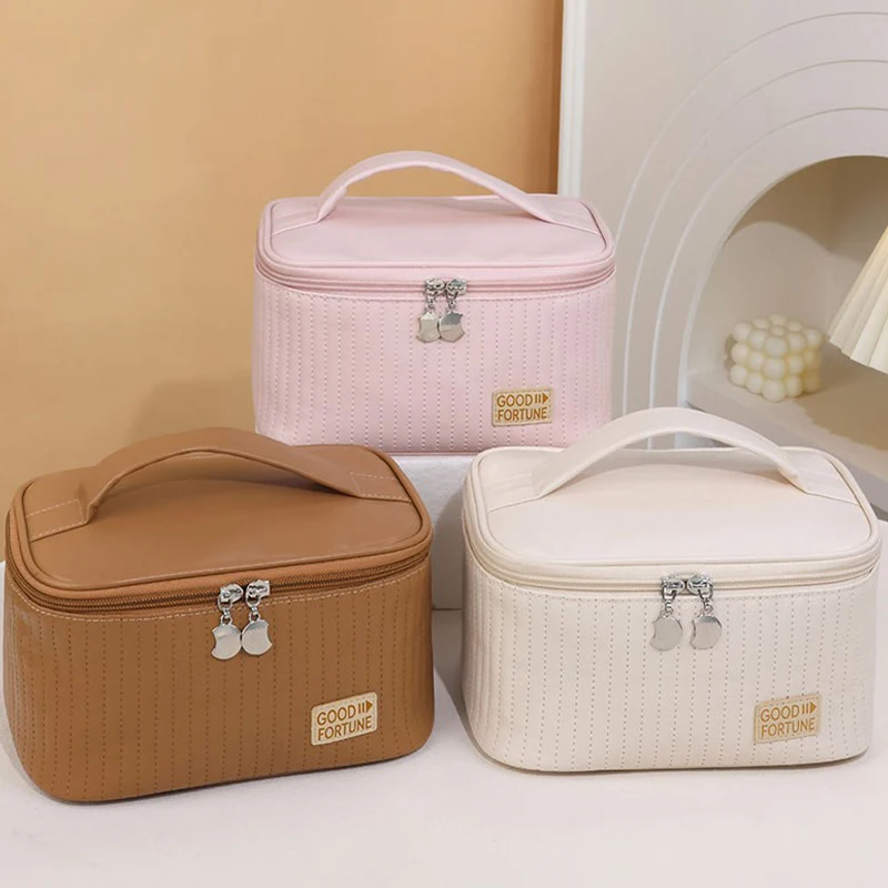 Large Travel Cosmetic Bag Organizer Open-Top Cake-shaped Solid Color PU Tote Bag