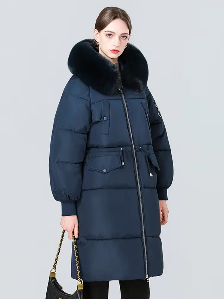 Women Zip Up Faux Fur Hood White Puffer Coat Modern Long Sleeve Drawstring Waist Flap Pocket Parka Cold Weather Casual Overcoats