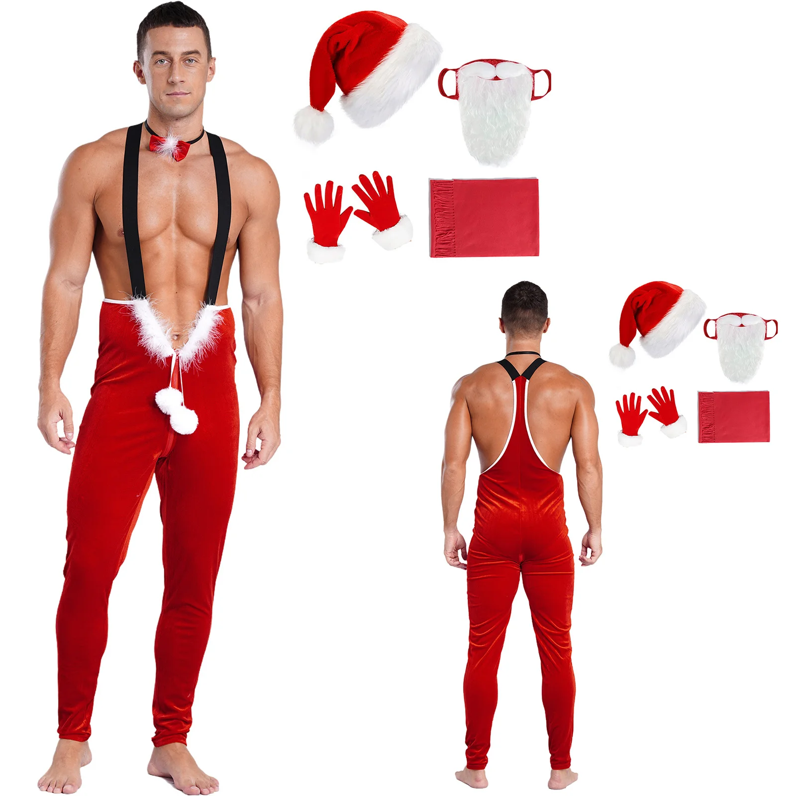 Traje de actuación de Cosplay de Navidad para hombre, traje con tirantes, mono de bola de felpa con lazo, banda para el cuello, sombrero, barba, guantes, bufanda, 5 uds.