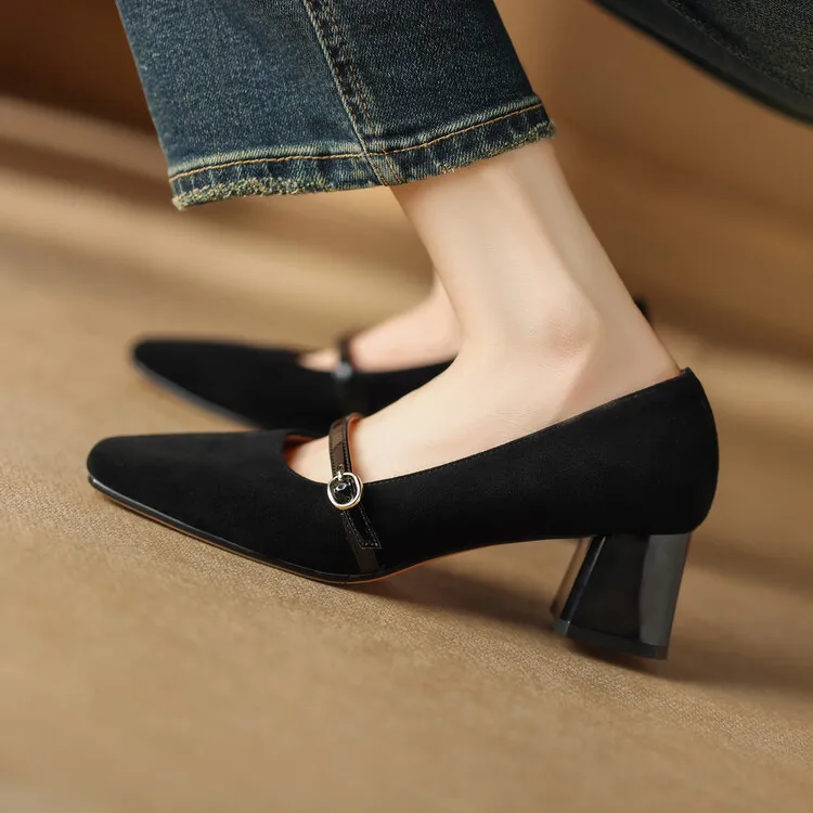 

Black Suede Women Shallow Pumps Square Toe Strap Spring Single Shoes Concise Design High Heels Working Stilettos Chaussure Mujer