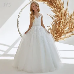 Apliques de encaje sin mangas vestidos de niña de flores para boda princesa sin espalda desfile para niños vestido de primera comunión