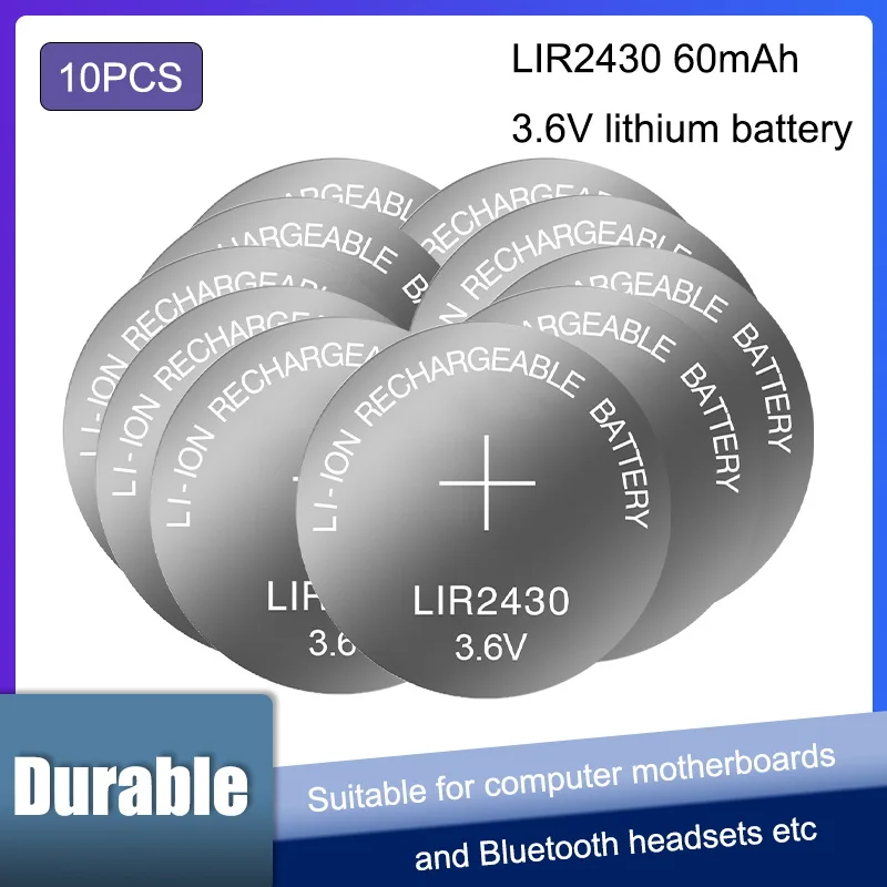 10PCS/LOT LIR2430 2430 Rechargeable lithium Batteries 3.6V 60mAh Button Battery Replaces CR2430 BR2430