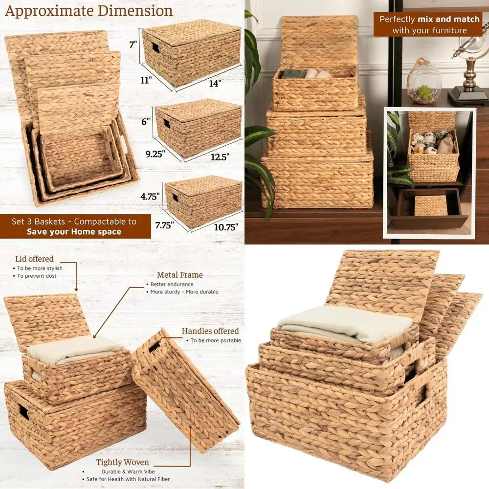 

Large Decorative Wicker Storage Basket with Lid, Rectangle Rattan Box 14 x 11 x 7, Hyacinth Style Organizer