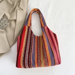 Trend Rainbow Striped Canvas Shoulder Bags Women Large Capacity Casual Totes Bag Bohemian Ethnic Style Underarm Shoulder Bag