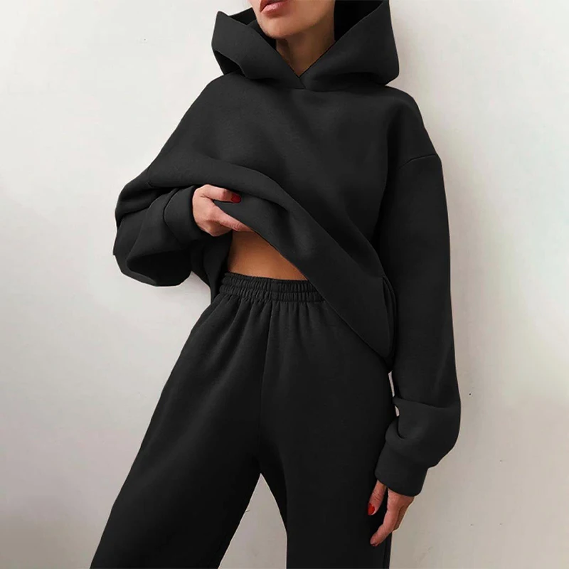 Winter Women Fleeced Tracksuits Casual Hoodie and Sweatpants Suit Fashion Two Pieces Set Hooded Sweatshirt Sport Jogger Outfits