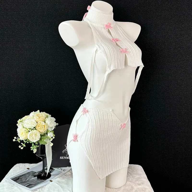 

ob Japanese Sexy Knitted Slim Fit Bodycon Mini Skirt Hollow Lace Bowknot Cute Two-piece Sweater Dress Role Play Costume Wh 158gj