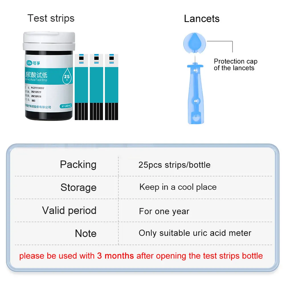 Cofoe Uric Acid Test Strips and Lancets Needles Only Suitable KF-UA01-C Uric Acid monitor 25/50/100pcs