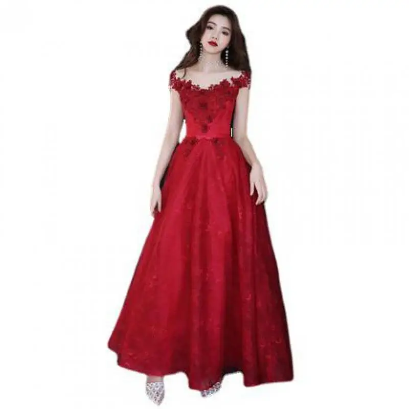 Red Flower Appliques Bride Wedding Party Dress Gown Off Shoulder Sexy Qipao Mesh Bandage Beads Cheongsam Female Belt Vestidos