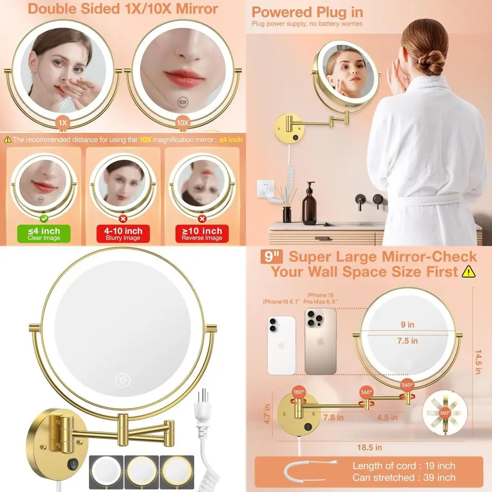 

9 Wall-Mounted LED Lighted Makeup Mirror, 1X/10X Magnification, Dual-Sided, AC Power, 3-Color Lighting, Touch-Dimmable, Extendab