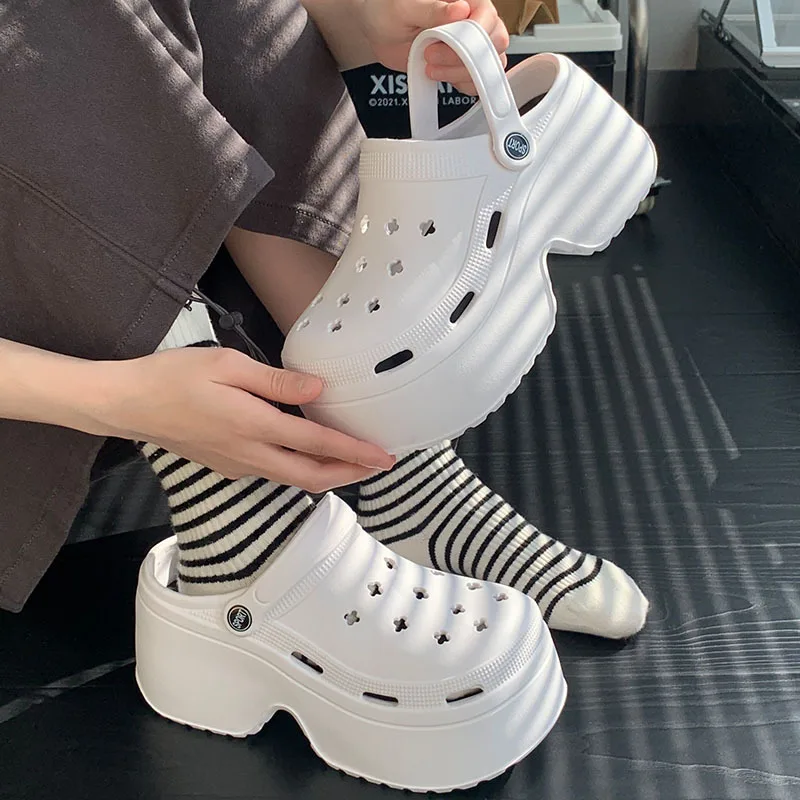 Summer 8cm Women Thick Sole Hole Shoes High Heel Soft Sole Beach Couple Garden Shoes Women's Elevated Anti Slip Platform Sandals