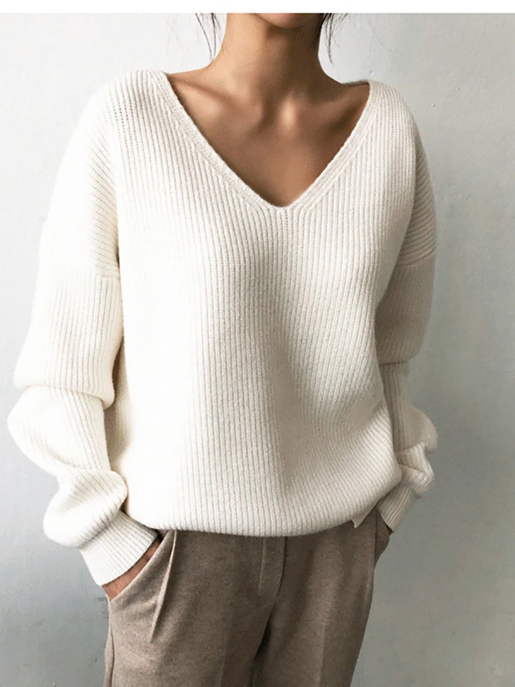 ABRINI Autumn Women Sweaters V-Neck Solid Pullovers Knitted Top Long Sleeve Fleece Jumpers traf Warm Casual Sweater Women Winter