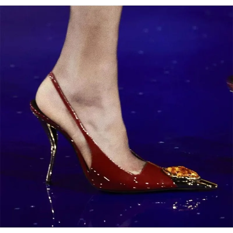 Luxury Retro Pointed Toe Diamonds High Heels Women Autumn 2025 New Metal Patent Leather Pumps Stripper Sandals Slingback Shoes
