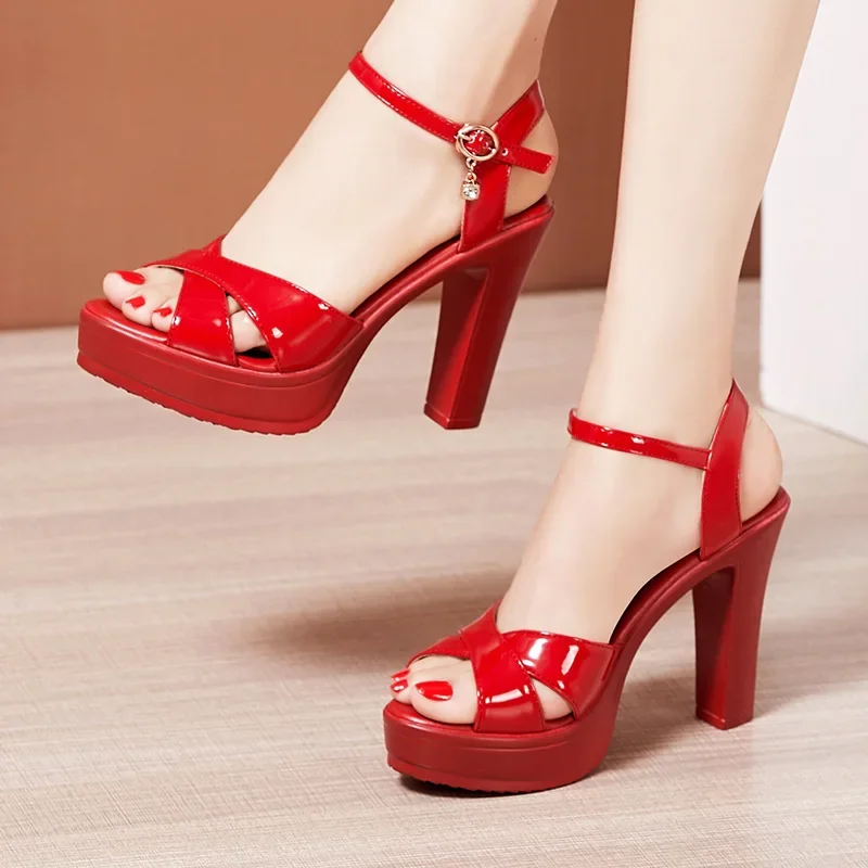 10cm Small Size 32-43 Elegant Patent Leather Sandals Platform Shoes 2024 Office Ladies Block High Heels Sandals for Model Party