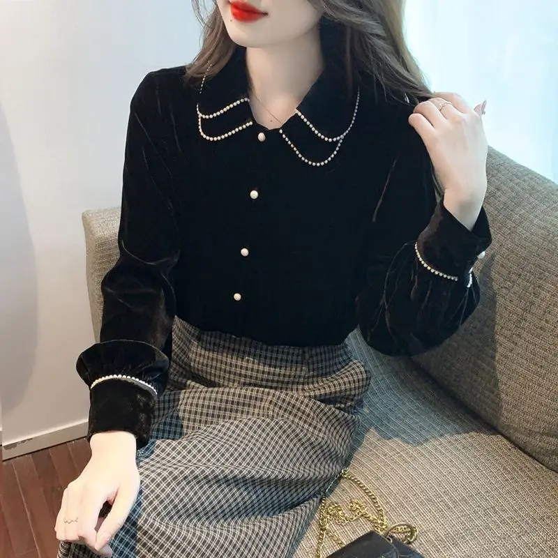 Black Gold Velvet Shirt Top for Women\'s Autumn Winter New Long Sleeve Loose Solid Youth Vintage Blouse Fashion Casual Clothing