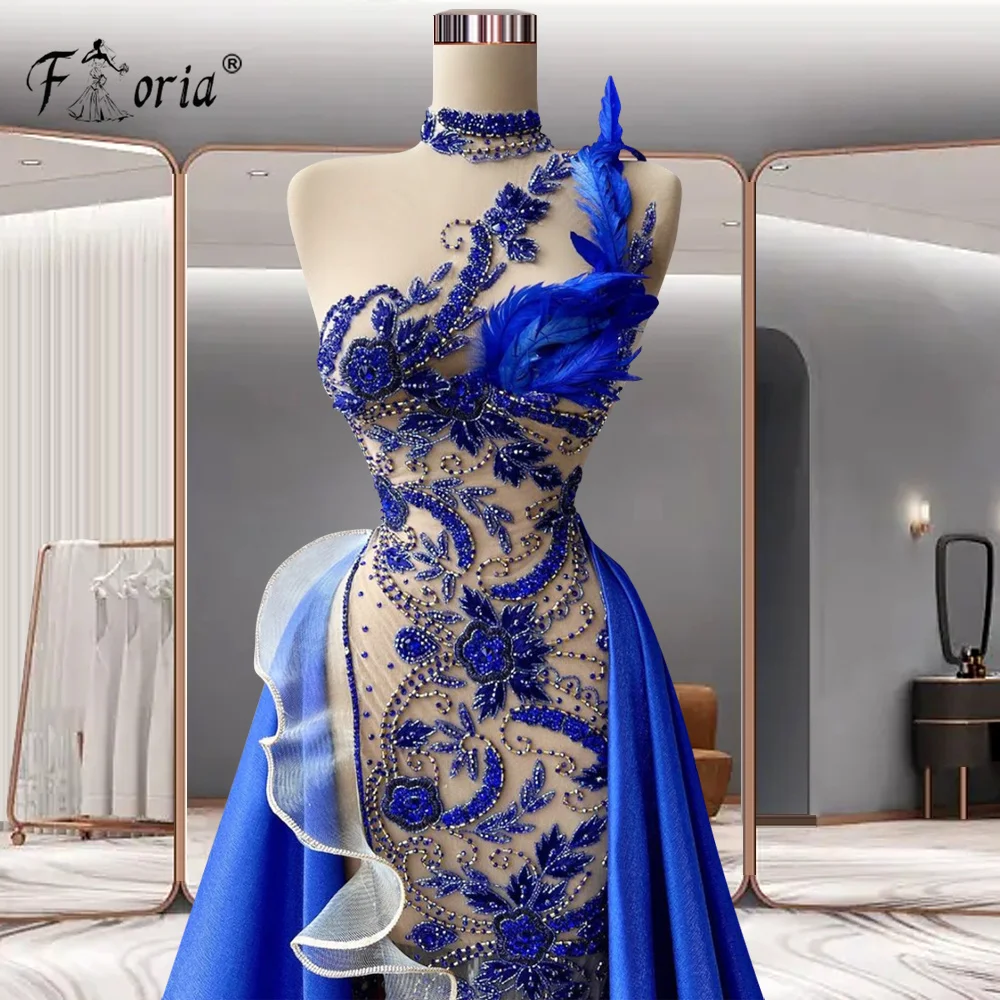 Robes de soirée sirène bleu royal de Dubaï, surjupe de plumes de fleurs de perles, robe de soirée de mariage élégante pour femme