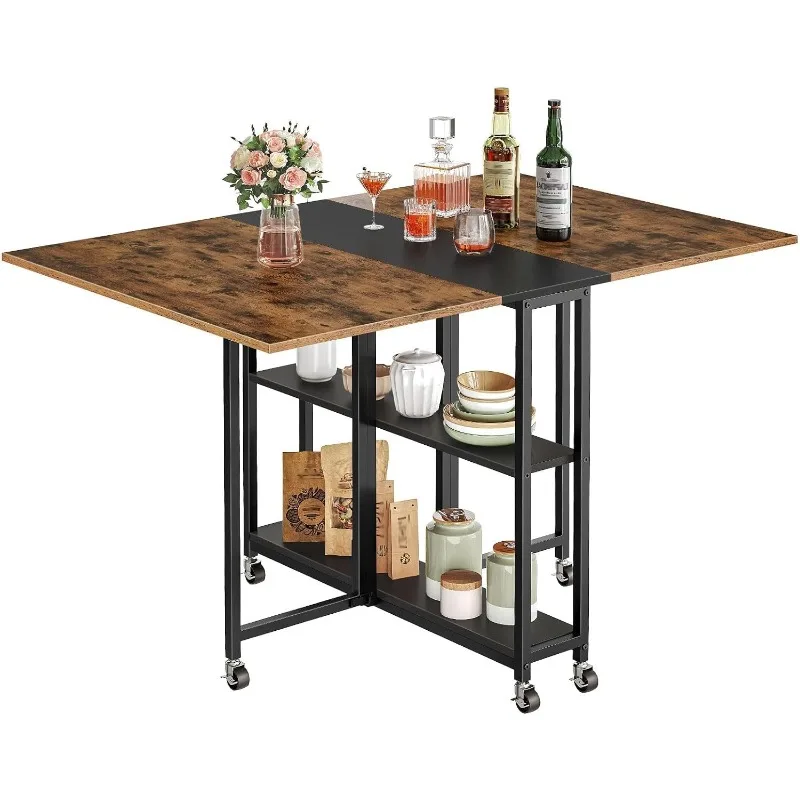 

Folding Dining Table, Movable Dining Table, Expandable Kitchen Table, Versatile Table with 6 Wheels and 2-Tier Shelf, for Dining